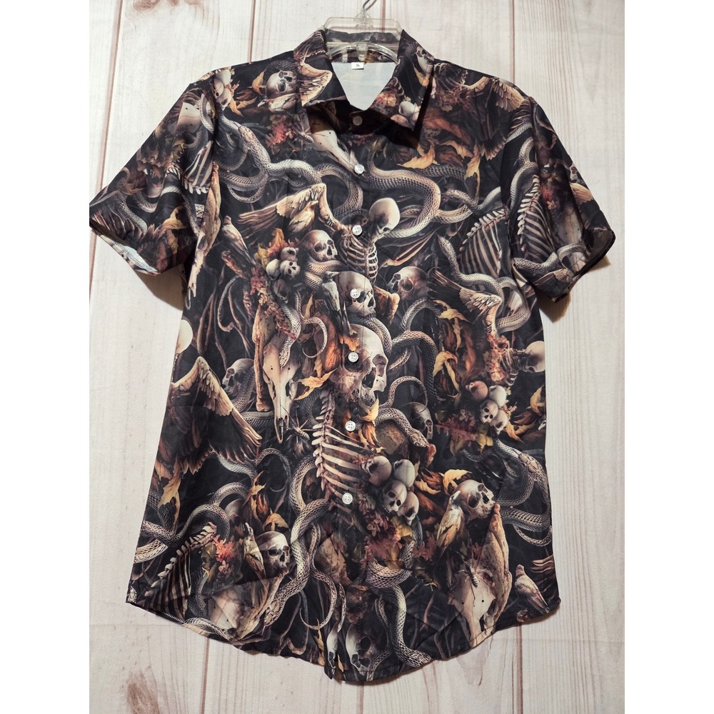 Gthic Mens Skull and Snake Graphic Short Sleeve Button Down Shirt‎ Small Black